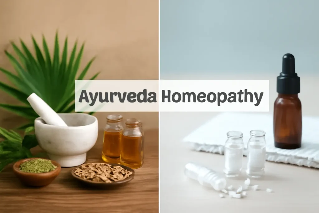 A side-by-side comparison of Ayurveda and Homeopathy. On the left, traditional Ayurvedic elements like herbs, oils, and a mortar and pestle set against an earthy background. On the right, homeopathic elements such as white pellets, a dropper bottle, and a medical notepad with a clinical background. The center features a dividing line labeled "Ayurveda vs Homeopathy.
