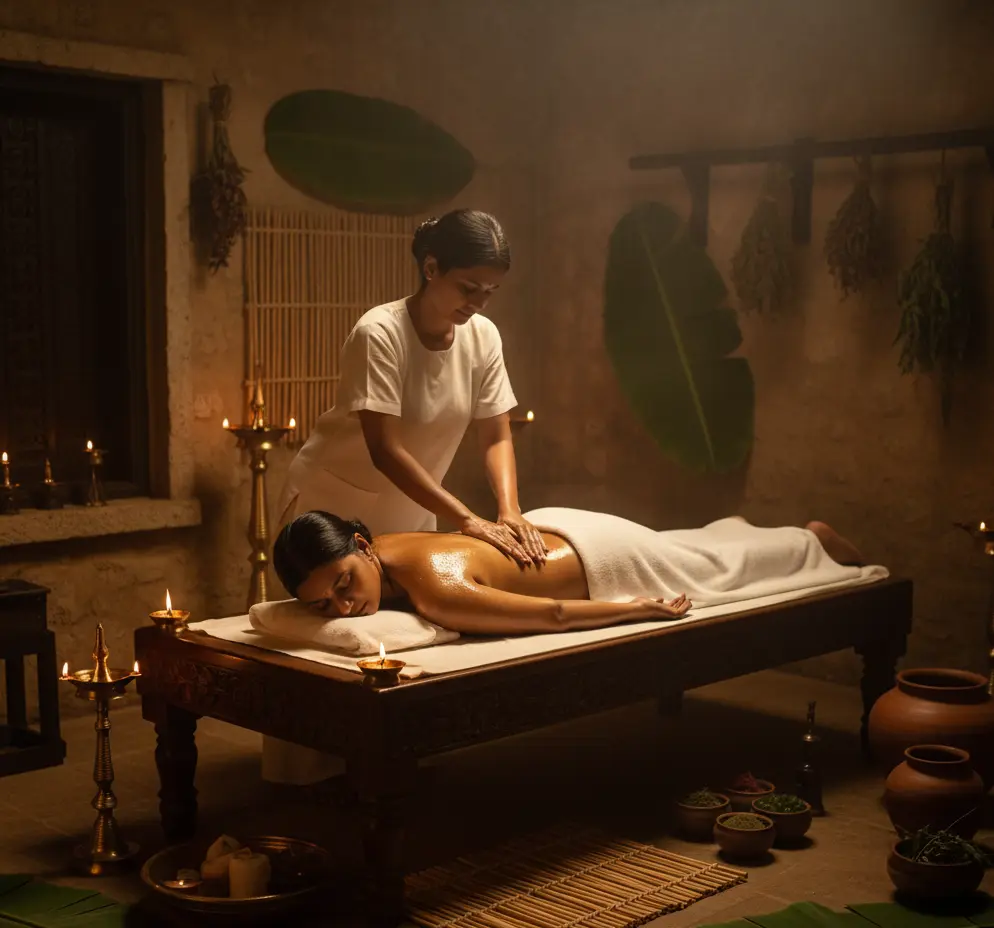 Ayurveda Abhyanga Massage – traditional full-body oil massage with warm herbal oils for relaxation and detoxification
