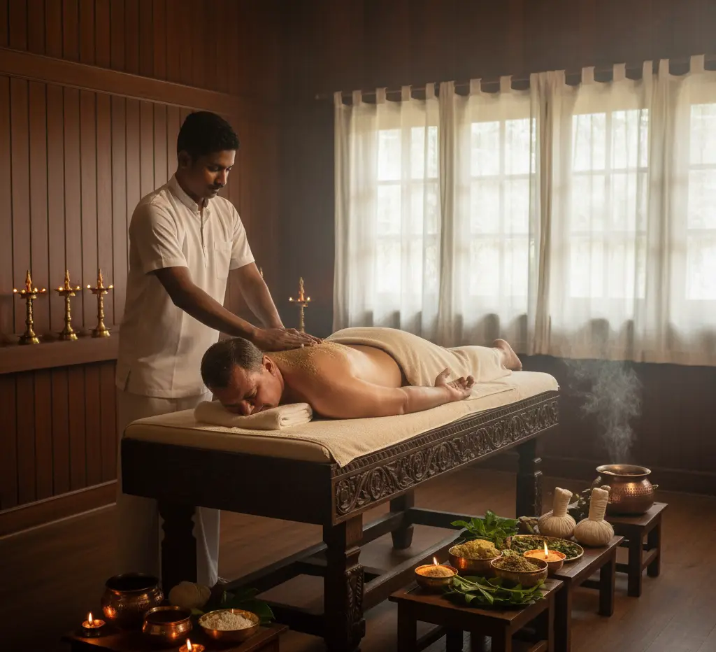 Ayurvedic doctor performing Kerala obesity treatment with herbal oils and massage therapy for natural weight loss