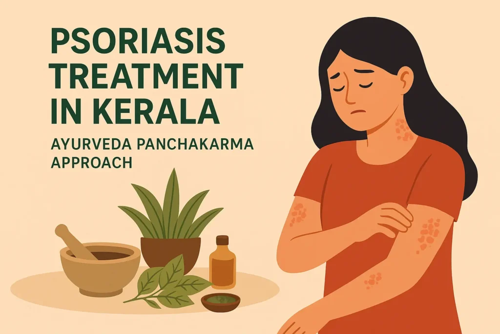 Illustration showing a woman with psoriasis receiving Ayurvedic care, representing psoriasis treatment in Kerala through the Panchakarma approach
