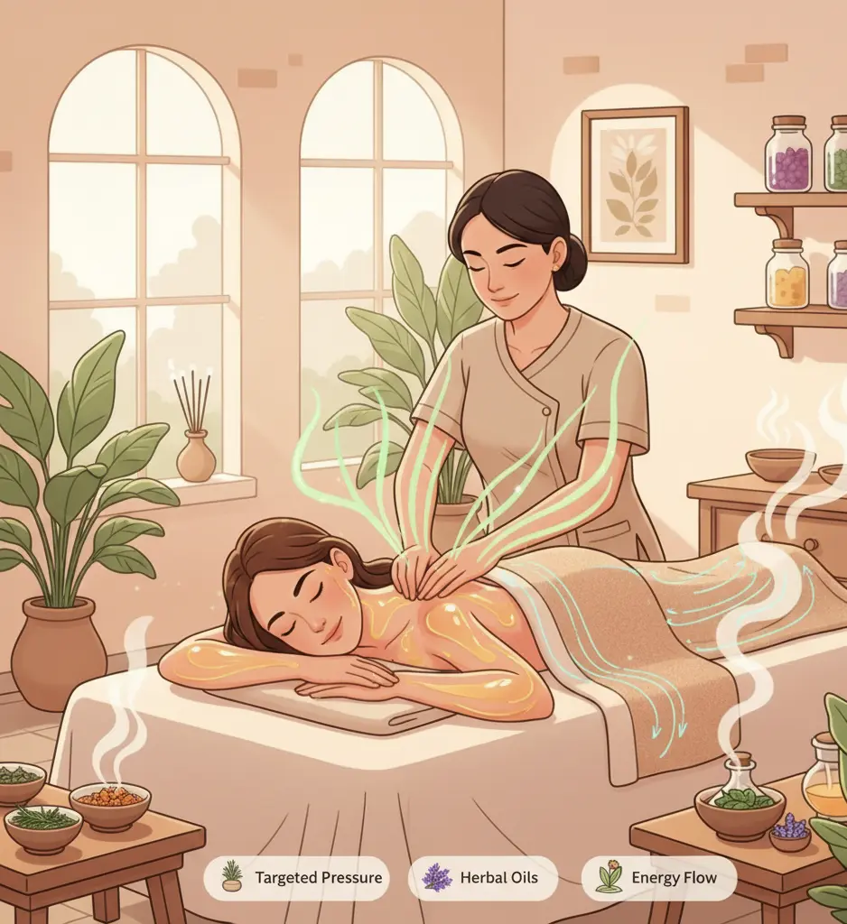 Ayurvedic deep tissue massage techniques: Herbal oils, rhythmic strokes, and focused pressure for relieving muscle pain and enhancing flexibility