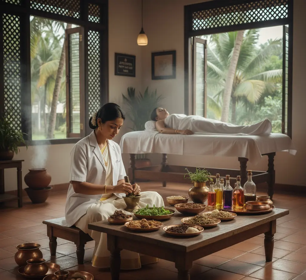 Ayurvedic doctor providing fatty liver treatment in Ayurveda at a Panchakarma center in Kerala using herbal remedies and natural detox therapies.