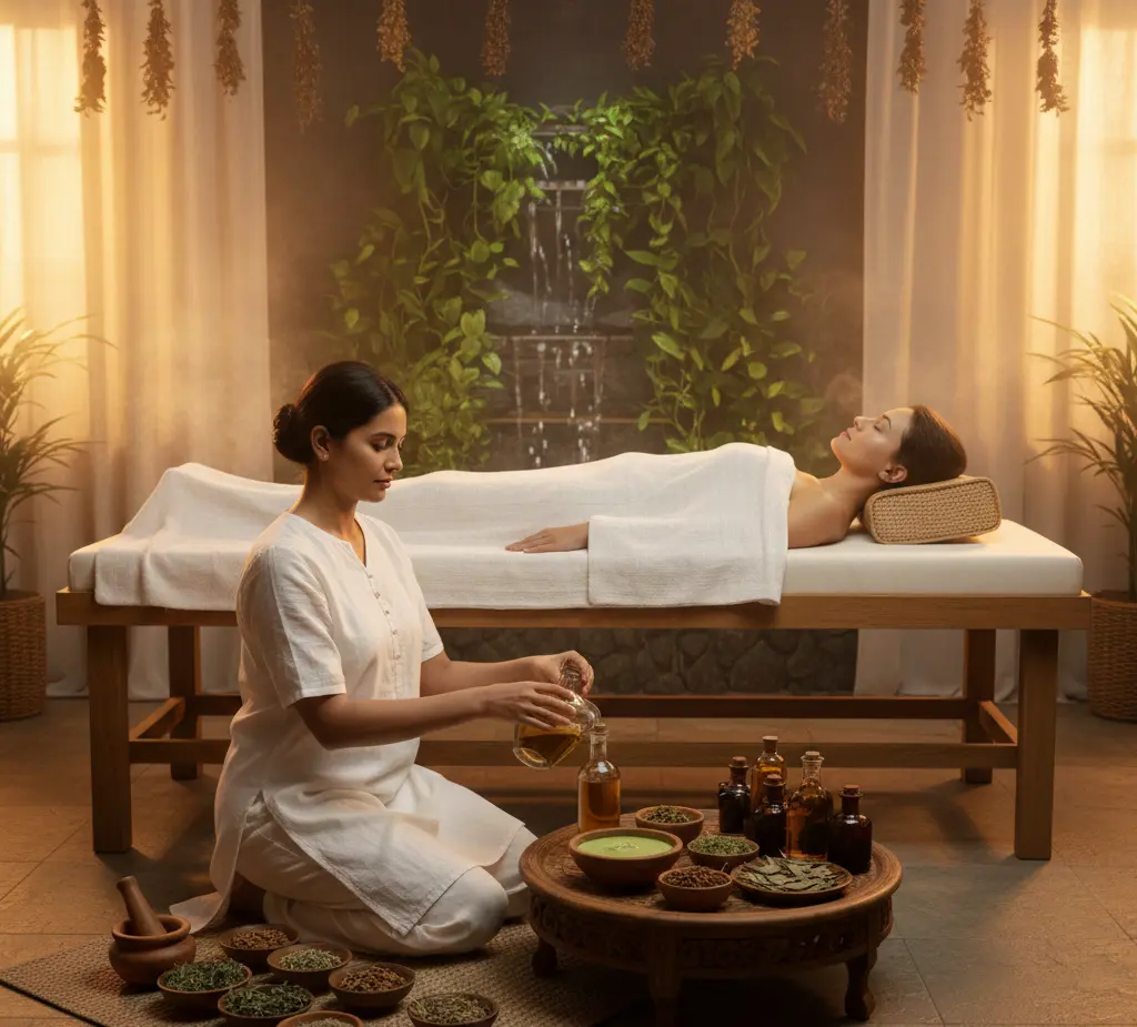 A serene Ayurvedic treatment space showing a patient receiving Virechana therapy, focusing on detoxification and Pitta balance in Ayurveda.